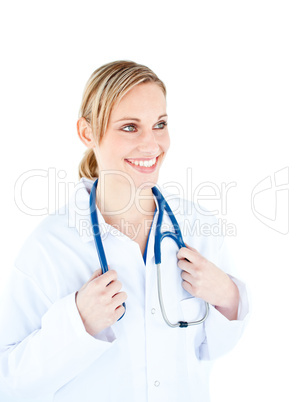 Merry female doctor holding her stethoscope