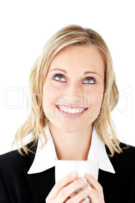 Merry businesswoman holding a cup of coffee