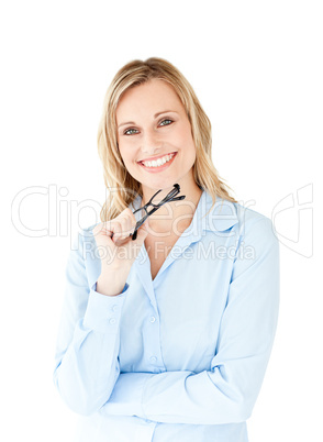 Portrait of a successful businesswoman holding glasses