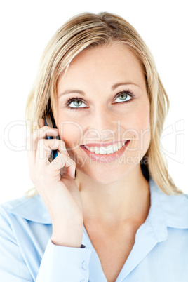 Portrait of a merry businesswoman talking on phone