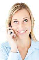 Portrait of a merry businesswoman talking on phone