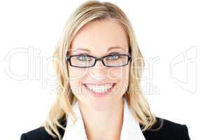 Pretty businesswoman holding glasses smiling at the camera