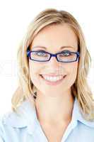 Confident businesswoman with glasses smiling at the camera