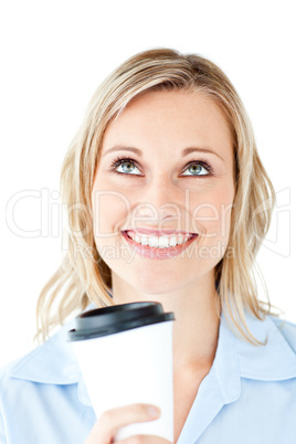 Attractive businesswoman holding a drinking cup isolated