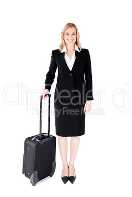 Smiling young businesswoman holding a suitcase