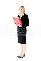 Smiling businesswoman holding a red folder