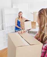 Two smiling women carrying boxes at home