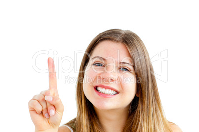 Close-up of a bright woman with her index up