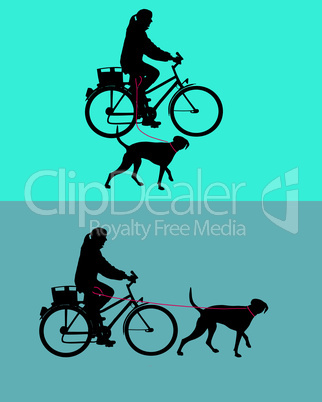 Radfahrerinnen mit Hunden an der Leine