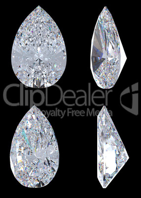 Top, bottom and side views of pear diamond