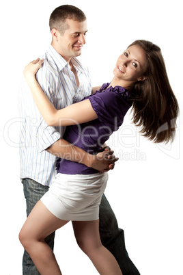 Woman and man posing on a white background