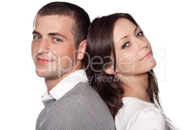 Woman and man posing on a white background