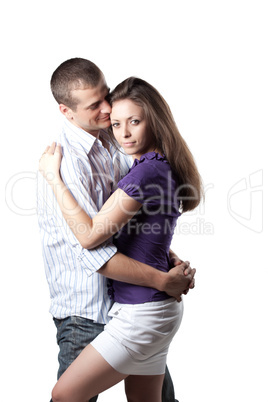 Woman and man posing on a white background