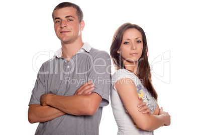 Woman and man posing on a white background