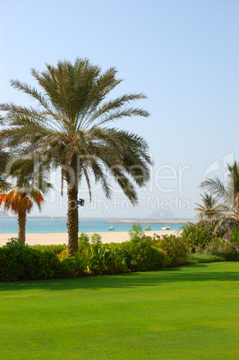Beach of luxury hotel with a view on Palm Jumeirah man-made isla