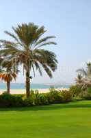 Beach of luxury hotel with a view on Palm Jumeirah man-made isla