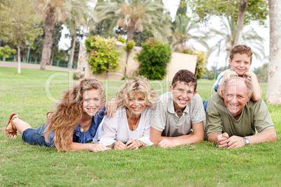 Affectionate family lying in the park