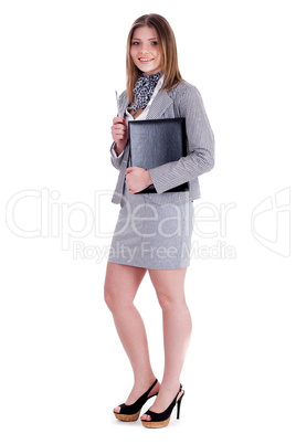 Charming business woman standing and holding her office file