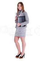 Charming business woman standing and holding her office file