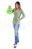 attractive young model  holding the clock