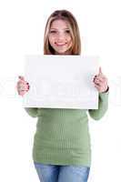 Smiling young beautiful girl  holding blank white board
