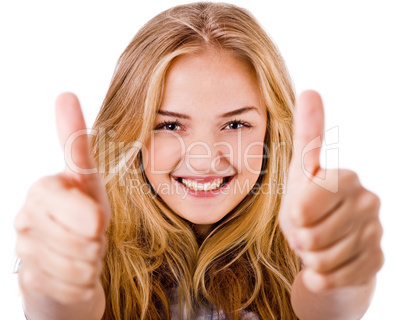 Closeup of women showing thumbs up in both hands