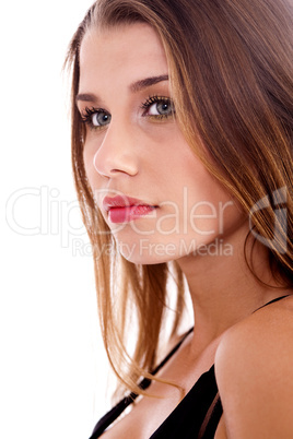 Portrait of young stunning woman in side posing looking at you