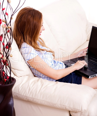 Beautiful young brunette using a laptop at home