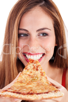 smiling woman eating pizza