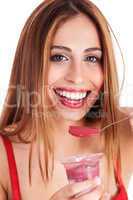 Close up shot of smiling woman having ice cream