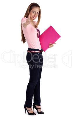 Full length of pretty female student showing thumbsup