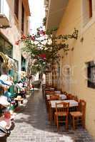 Outdoor restaurant in old city part of Retimno, Crete, Greece