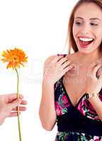 Beautiful woman excited by geting sun flower
