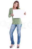 Smiling young beautiful woman holding blank white board