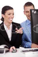 Business colleague smiling while discussing