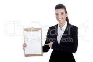 Smiling young business lady pointing the plain paper
