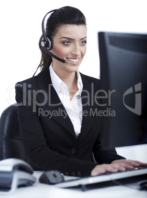 Woman wearing headset in computer room at her cabin