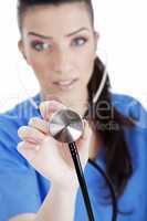 Closeup shot of female nurse with Stethoscope, focus on Stethoscope