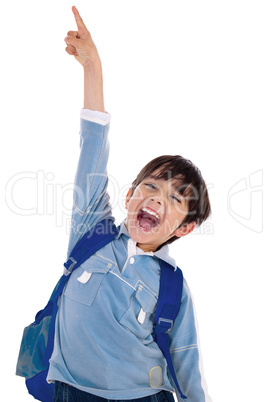 Young school boy excitingly shouts and raise his hand up