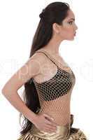 Side pose of a belly dancer with long hair