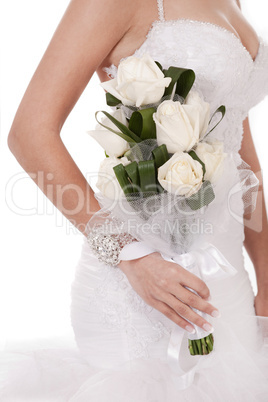 Bride with bunch of white roses