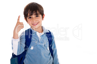 Young school boy with finger up