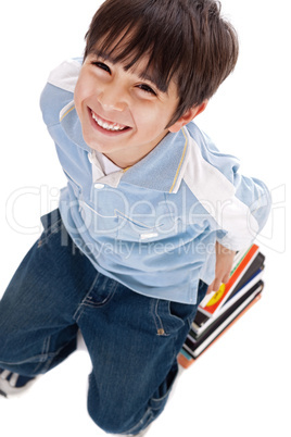 Top view of cute kid with books