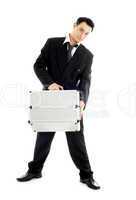 businessman with metal container