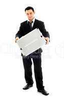 businessman showing metal container