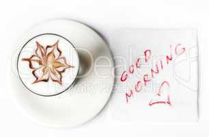 barista latte coffee glass with good morning note