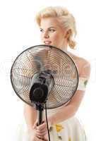 housewife with fan playing pop star