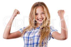 Women shows her success by raising hands
