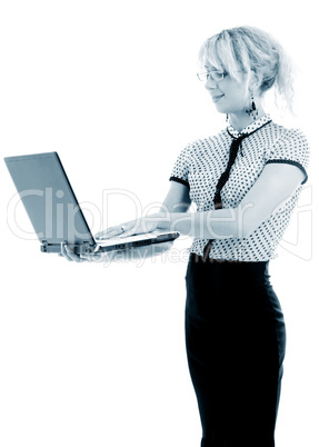 monochrome portrait or energetic businesswoman with laptop