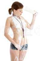topless girl with glass of yogurt